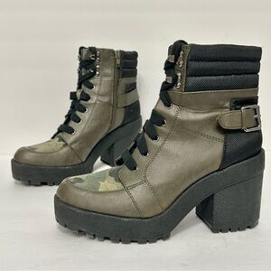 Women's Combat Boots Olive/Black Camo Buckle Lace-Up Boots Mix No. 6 Size 7 1/2